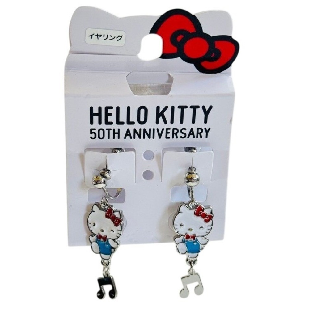 Hello Kitty 50th Anniversary clip dangle Japan Earrings Sanrio blue dangle NWT